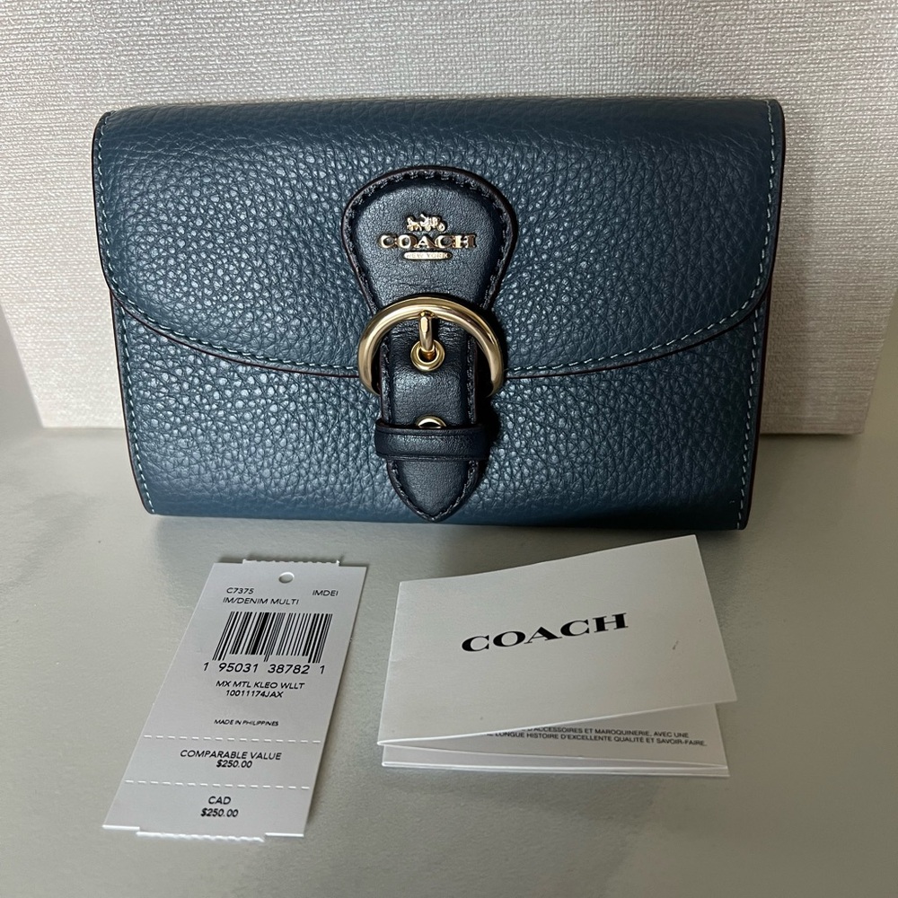 Coach Pebbled Leather Denim Multi Wallet with Gold Buckle